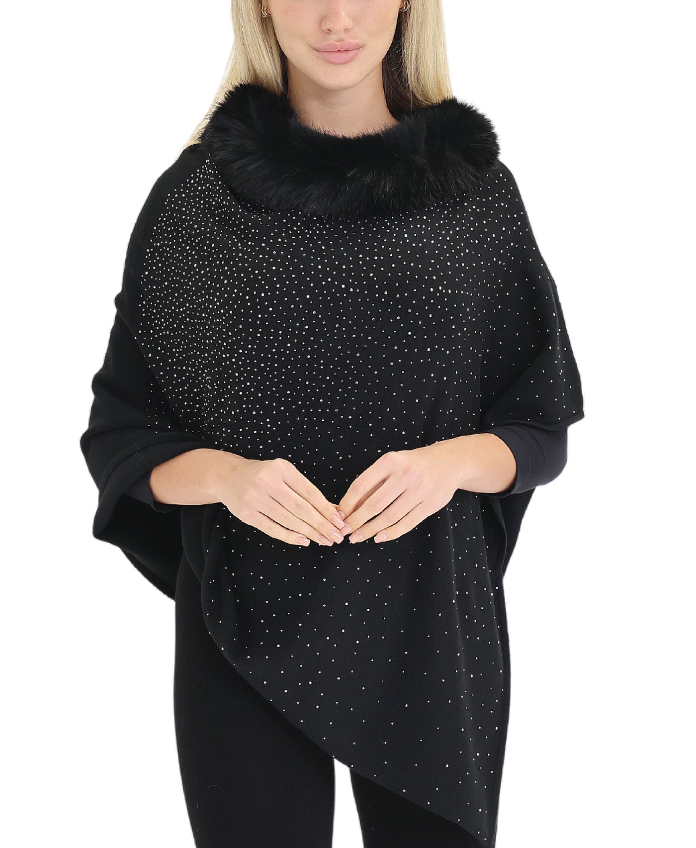 Poncho with Studs & Faux Fur Trim view 1