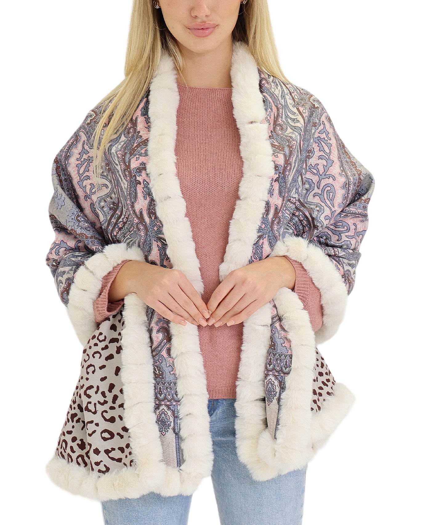 Paisley & Animal Print Wrap w/ Faux Fur Trim view 1