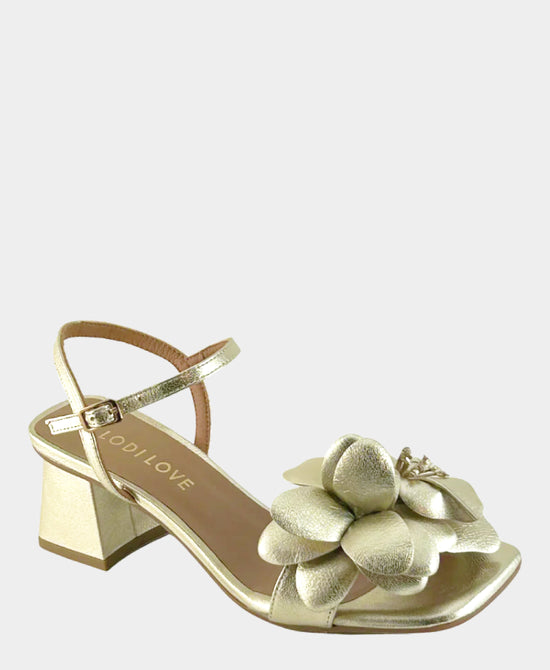 Leather Metallic Flower Heeled Sandal view 1