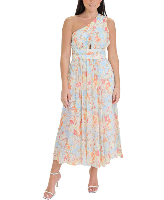 One Shoulder Floral Shimmer Maxi Dress view 1