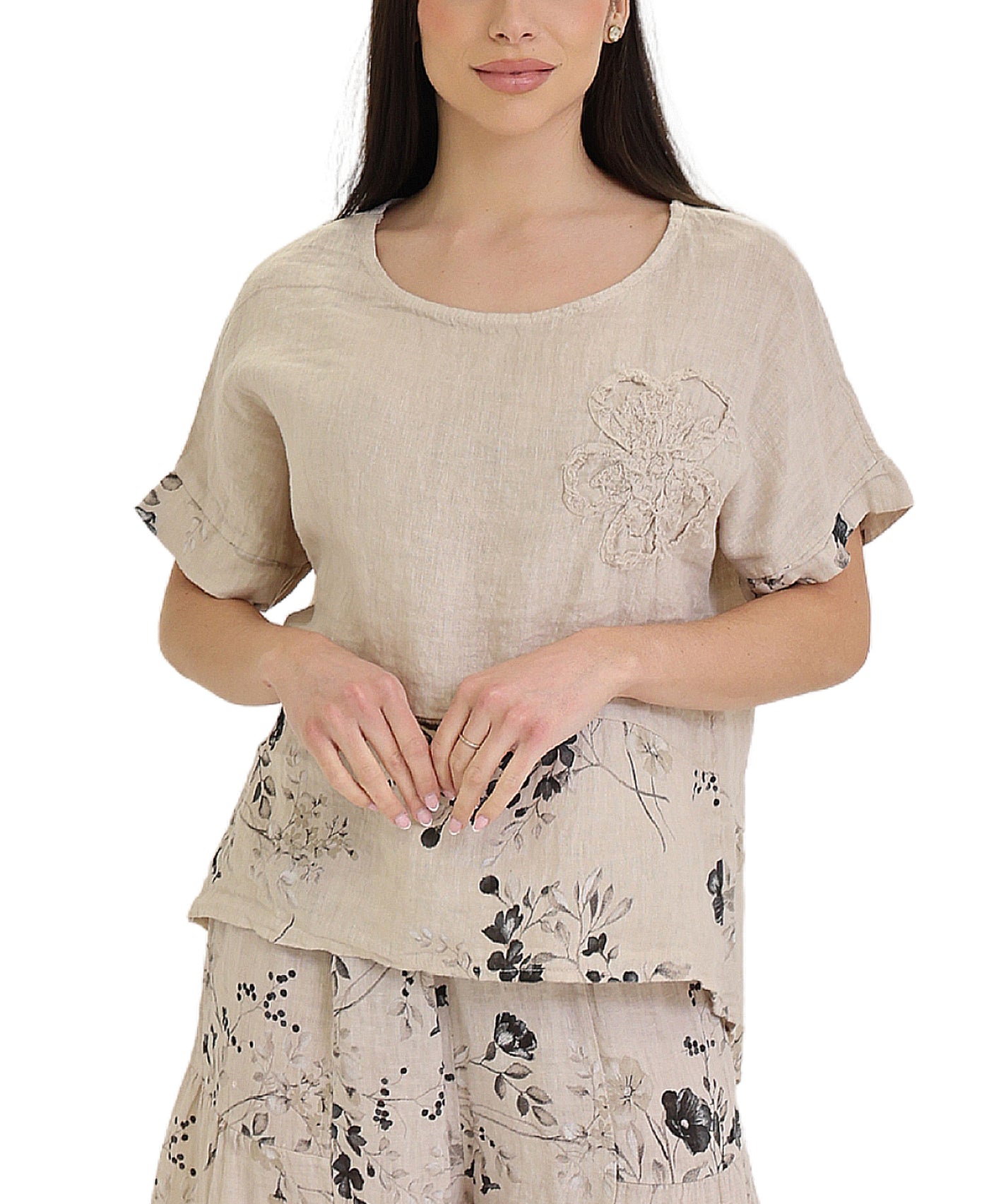 Linen Floral Print Top view 1