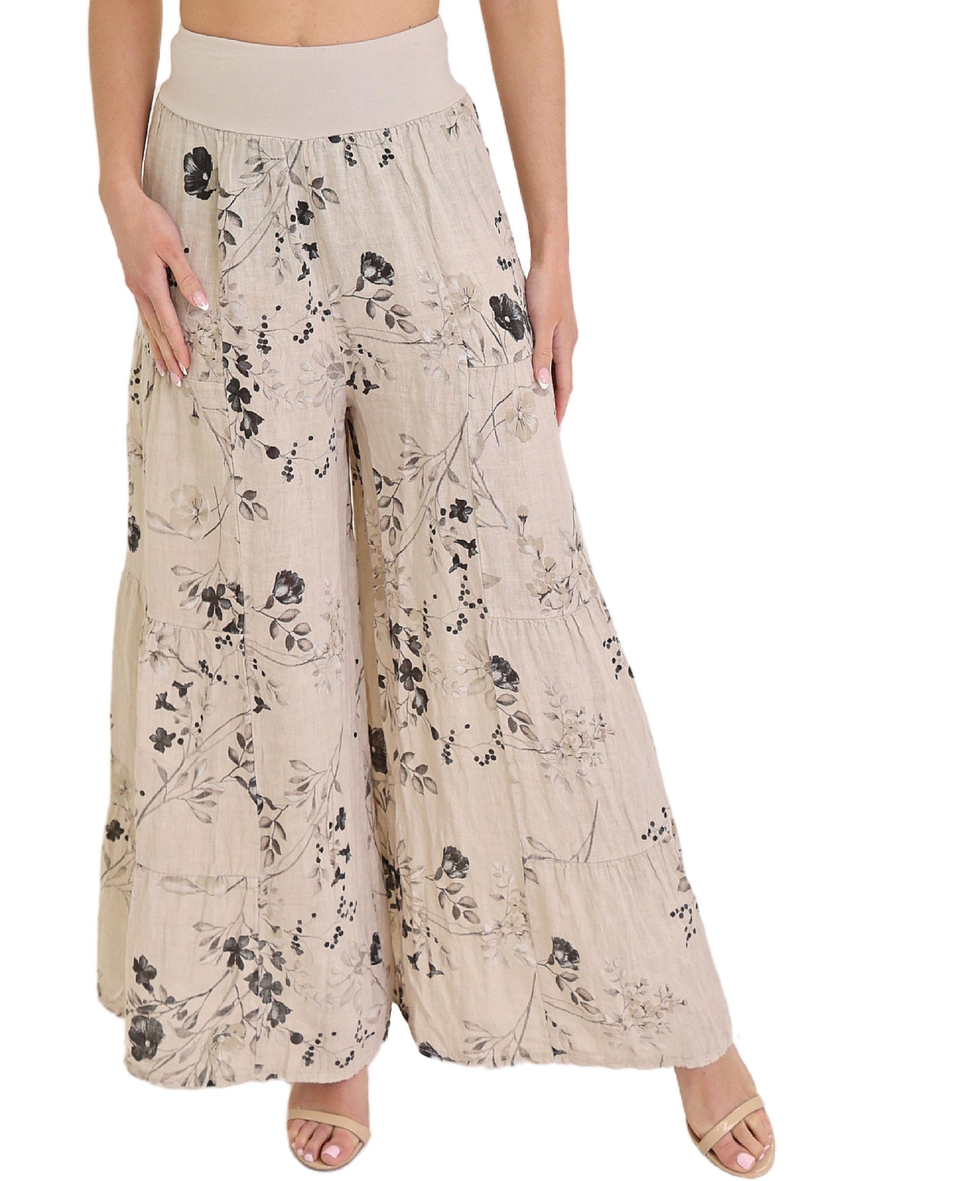 Floral Print Tiered Linen Pants view 1