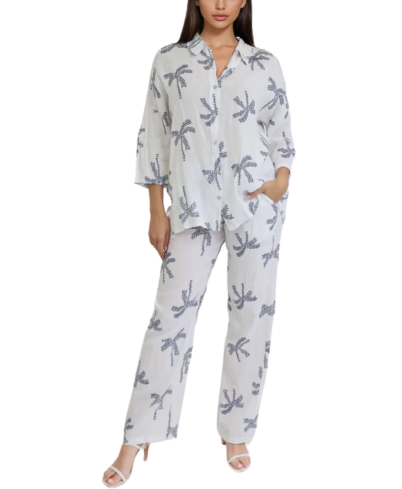 Linen Palm Tree Print Top & Pants - 2 Pc Set view 1