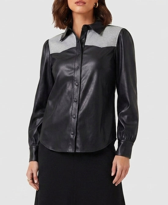 
Faux Leather & Knit Combo Shirt in BLACK/GREY view 1