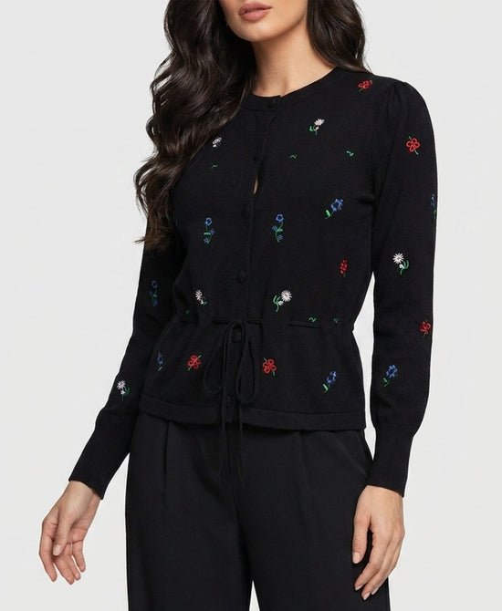 
Knit Cardigan w/ Embroidered Flower in BLACK MULTI view 1