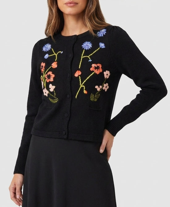
Cardigan Sweater w/ Floral Embroidery in BLACK MULTI view 1