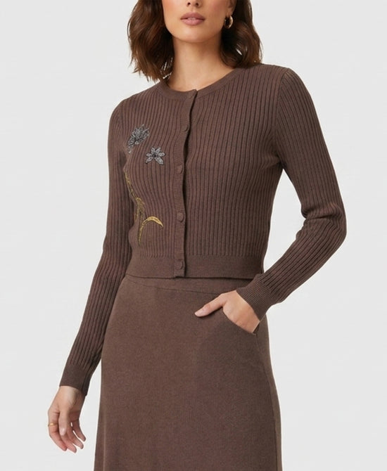 
Cardigan Sweater w/ Floral Embroidery in BROWN view 1