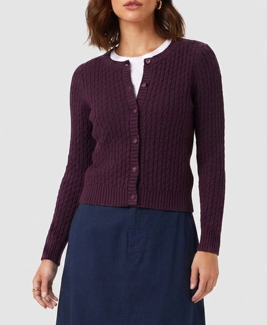 
Cable Knit Cardigan Sweater in BURGUNDY view 1