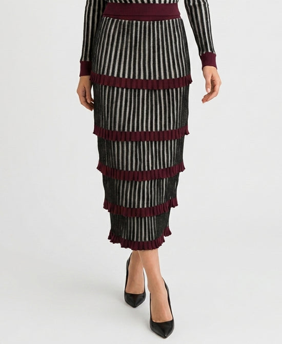 
Tiered Knit Ribbed Maxi Skirt in BLACK/BURGUNDY view 1