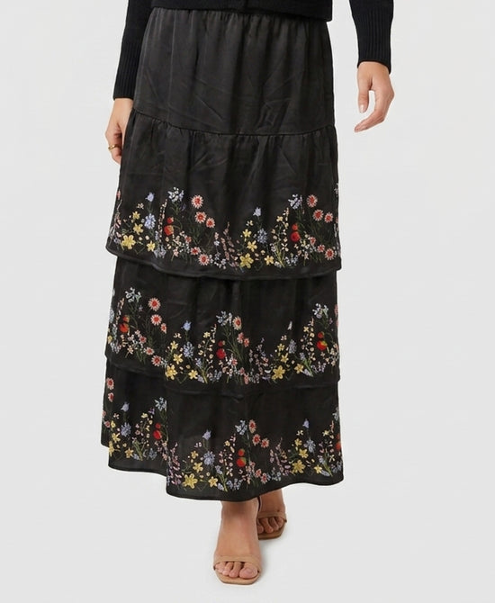 
Floral Tiered Ruffle Maxi Skirt in BLACK MULTI view 1