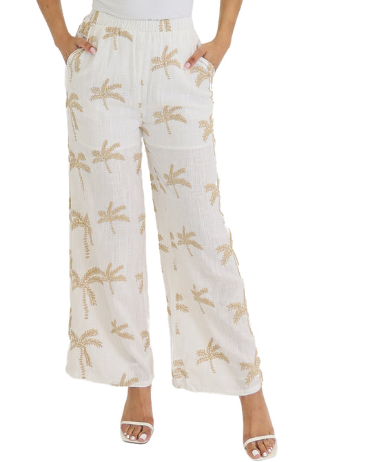 Linen Palm Embroidered Pants view 1