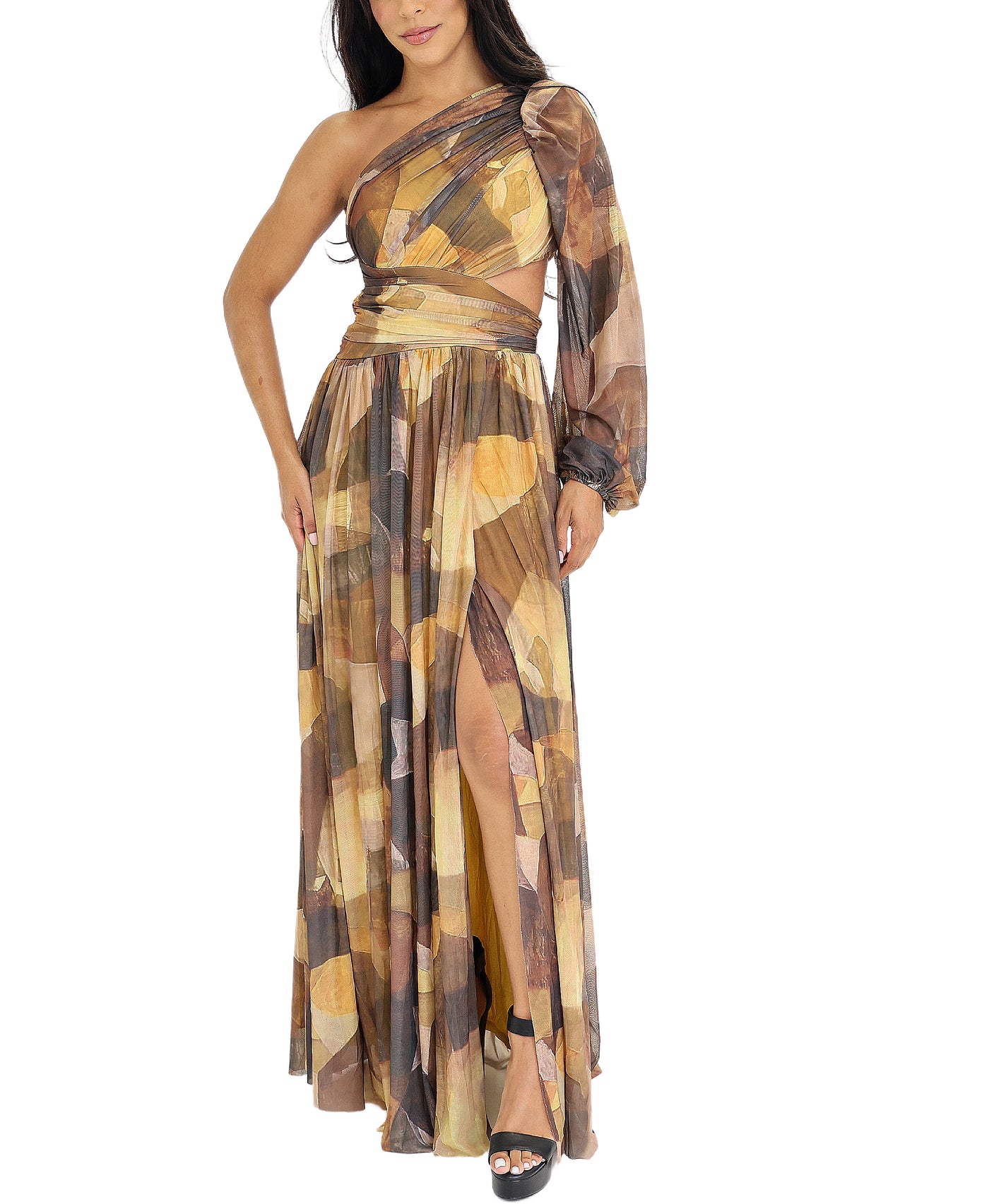 One Shoulder Print Mesh Maxi Dress view 1