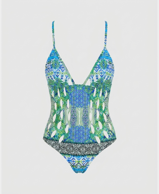 
Printed Cutout One-Piece Swimsuit in GREEN MULTI view 2