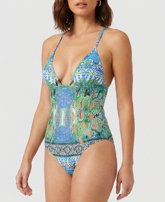 
Printed Cutout One-Piece Swimsuit in GREEN MULTI view 1