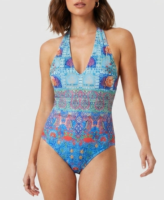 
Printed Halter One-Piece Swimsuit in MULTI view 1