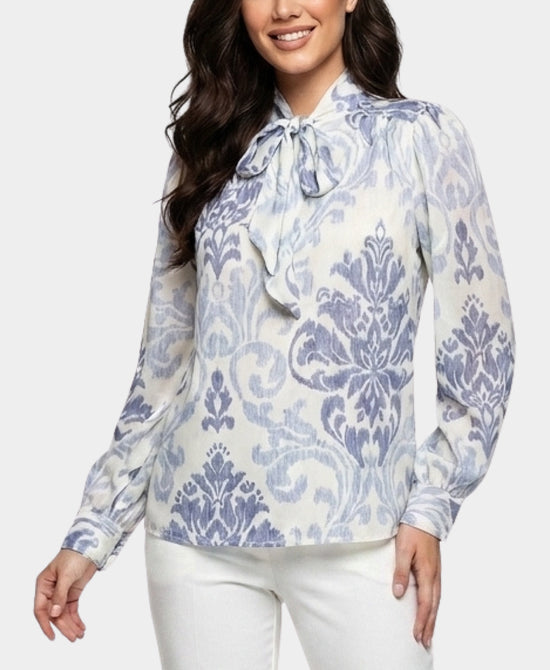 
Printed Satin Blouse w/ Front Tie in IVORY/BLUE view 1
