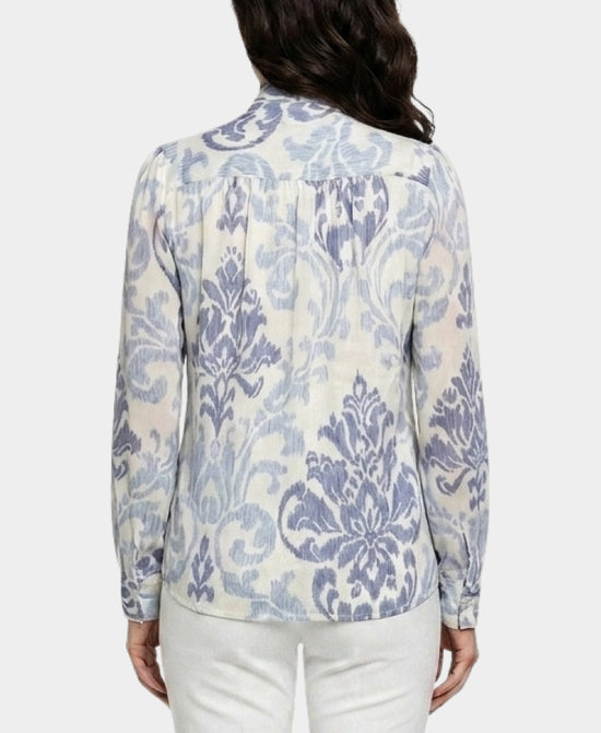 
Printed Satin Blouse w/ Front Tie in IVORY/BLUE view 2