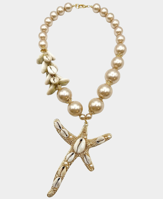 
Beaded Seashell Necklace w/ Starfish Pendant in BEIGE/GOLD view 2