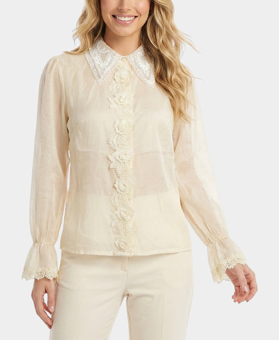 
Embroidered Blouse w/ Pearls in BEIGE view 1