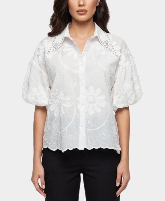 
Embroidered Top w/ Rhinestone Collar in WHITE view 1