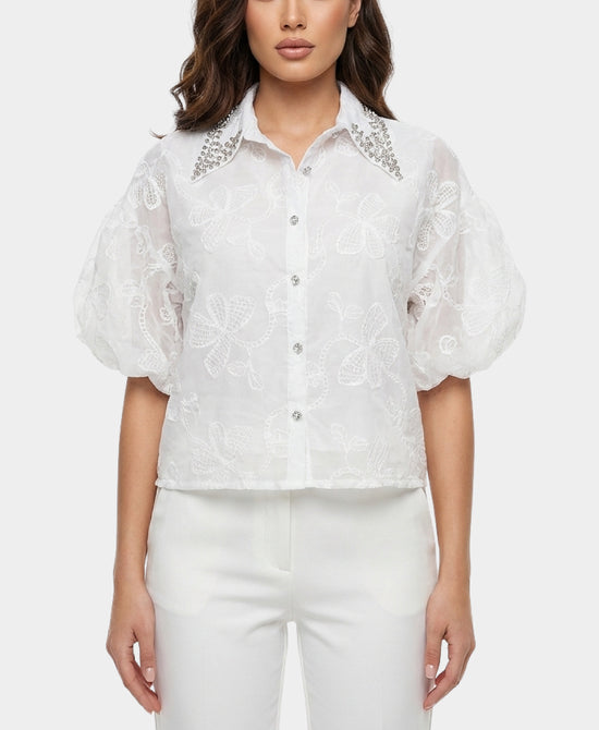 
Embroidered Top w/ Rhinestone Collar in WHITE view 1