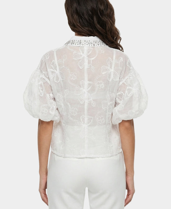 
Embroidered Top w/ Rhinestone Collar in WHITE view 2