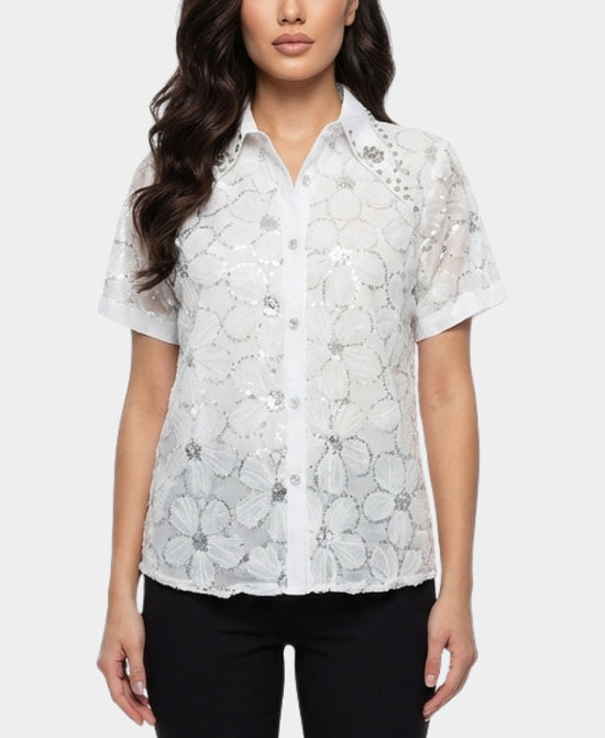 
Flower Embroidered Top w/ Rhinestone Collar in WHITE view 1