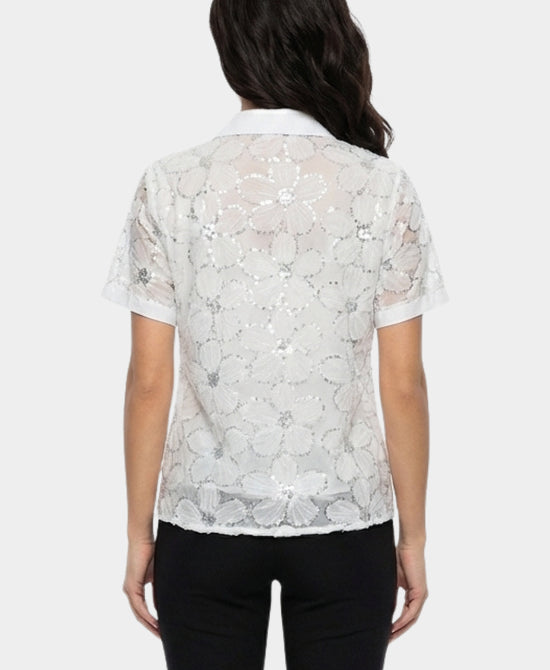 
Flower Embroidered Top w/ Rhinestone Collar in WHITE view 2