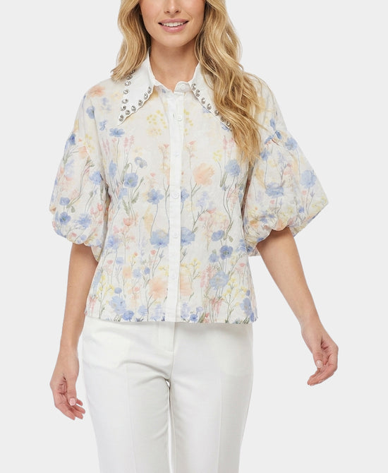 
Embroidered Top w/ Rhinestone Collar in BLUE MULTI view 1