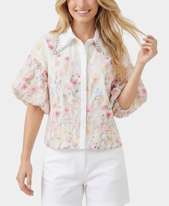 
Embroidered Top w/ Rhinestone Collar in PINK MULTI view 1
