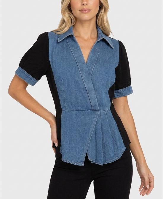 
Mixed Media Denim Peplum Top in DENIM/BLACK view 1