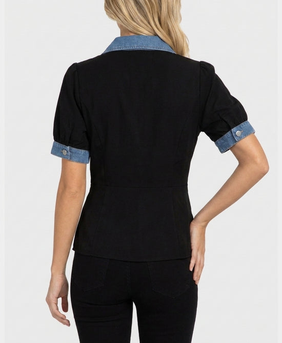 
Mixed Media Denim Peplum Top in DENIM/BLACK view 2