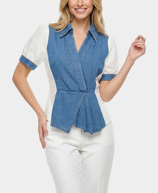
Denim Trim Top in WHITE/BLUE view 1