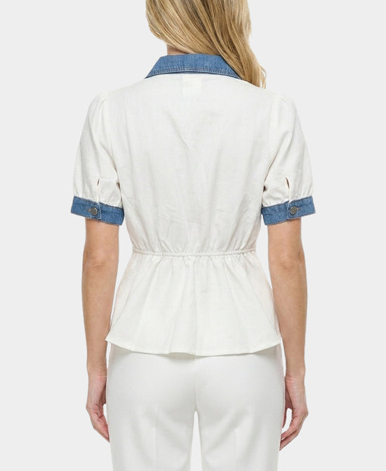 
Denim Trim Top in WHITE/BLUE view 2