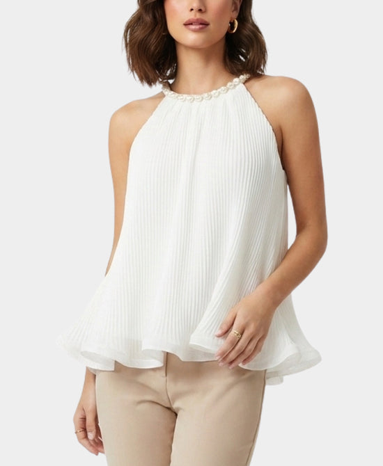 
Pleated Halter w/ Pearl Trim in WHITE view 1