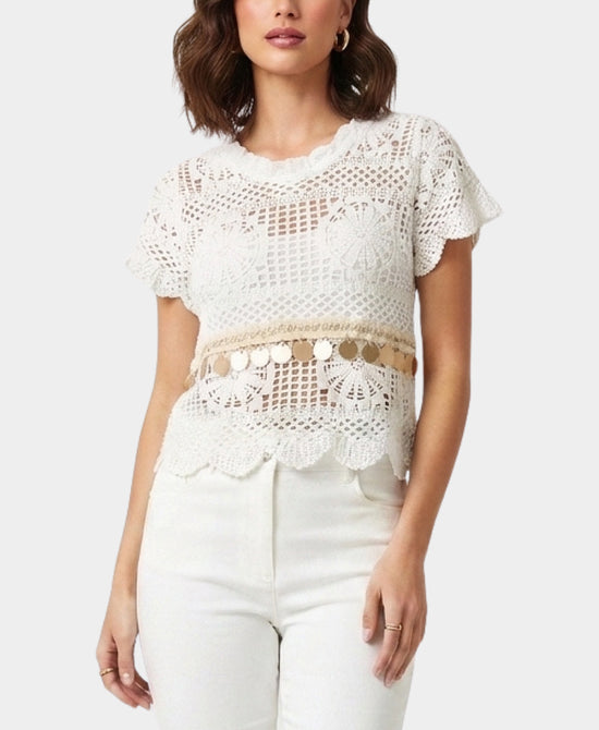 
Crochet Top w/ Sequin Trim in WHITE view 1