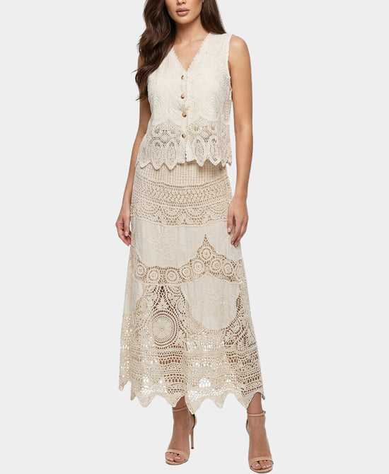 
Crochet Lace Vest & Maxi Skirt Set- 2 Pc Set in BEIGE view 1