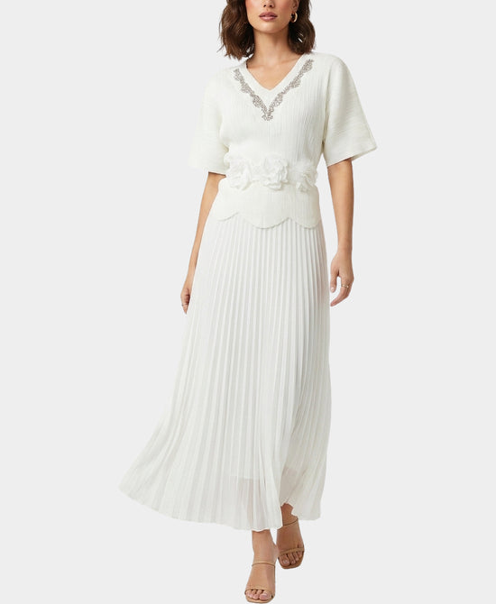
Plisse Top w/ Rhinestones & Pleated Skirt Set- 2 Pc Set in IVORY/WHITE view 1