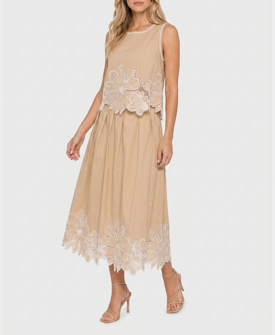 
Embroidered Floral Top & Midi Skirt Set- 2 Pc Set in BEIGE/WHITE view 1