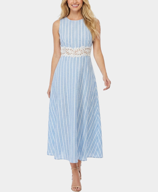 
Striped Midi Dress w/ Lace Crochet Detail in BLUE/WHITE view 1
