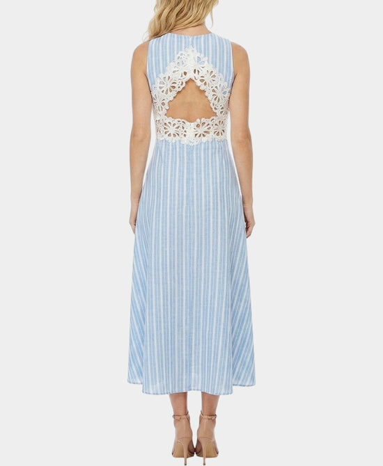 
Striped Midi Dress w/ Lace Crochet Detail in BLUE/WHITE view 2