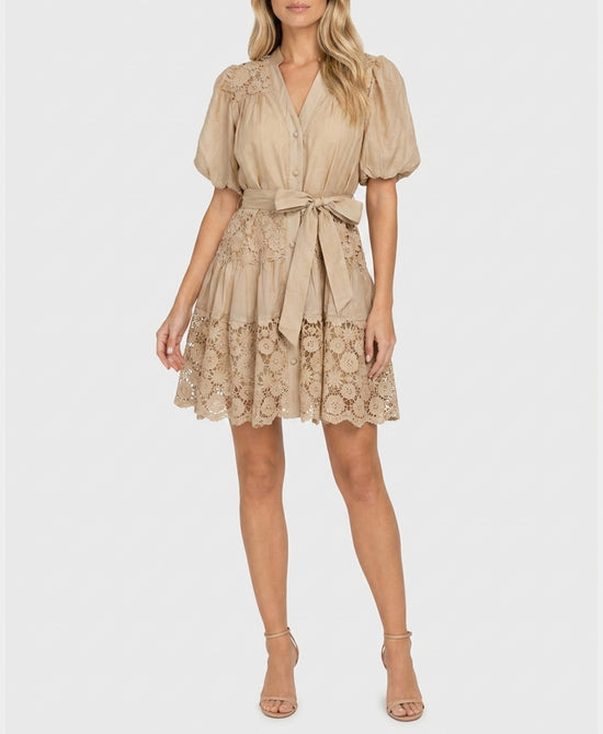 
Floral Lace Inset Tired Dress in TAN view 1