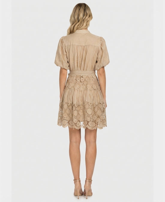 
Floral Lace Inset Tired Dress in TAN view 2