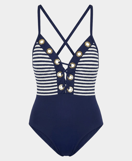 
Stripe Lace Up One-Piece Swimsuit in NAVY view 2