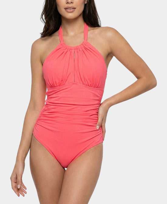 
Solid Ruched One-Piece Swimsuit in CORAL view 1