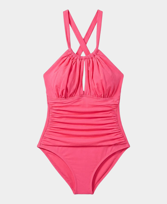 
Solid Ruched One-Piece Swimsuit in CORAL view 2