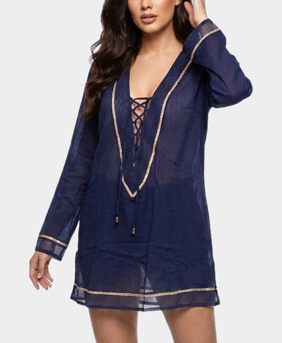 
Lace Up Swim Cover-Up in NAVY/GOLD view 1