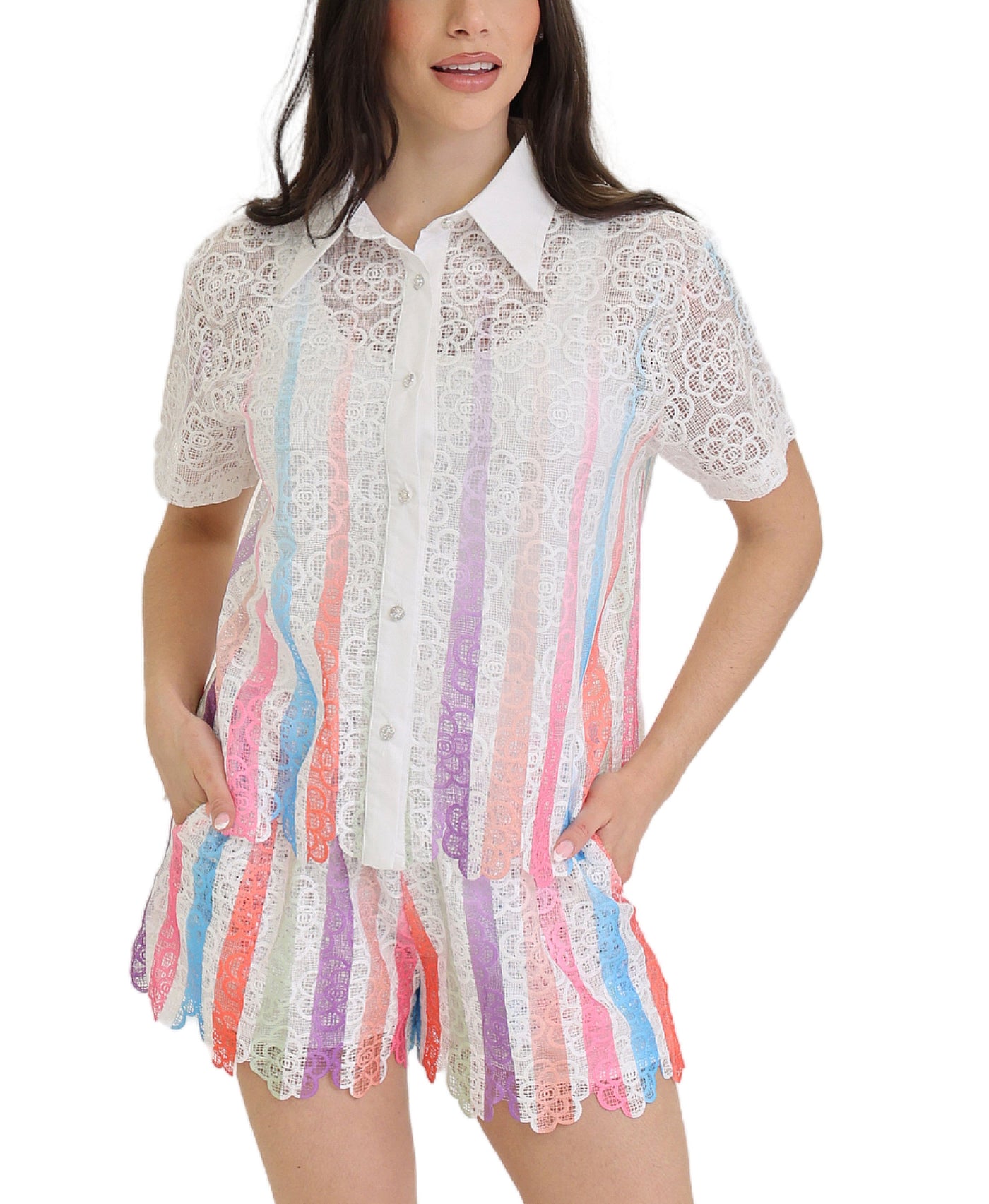 Multicolor Lace Blouse & Shorts - 2 Pc Set view 1