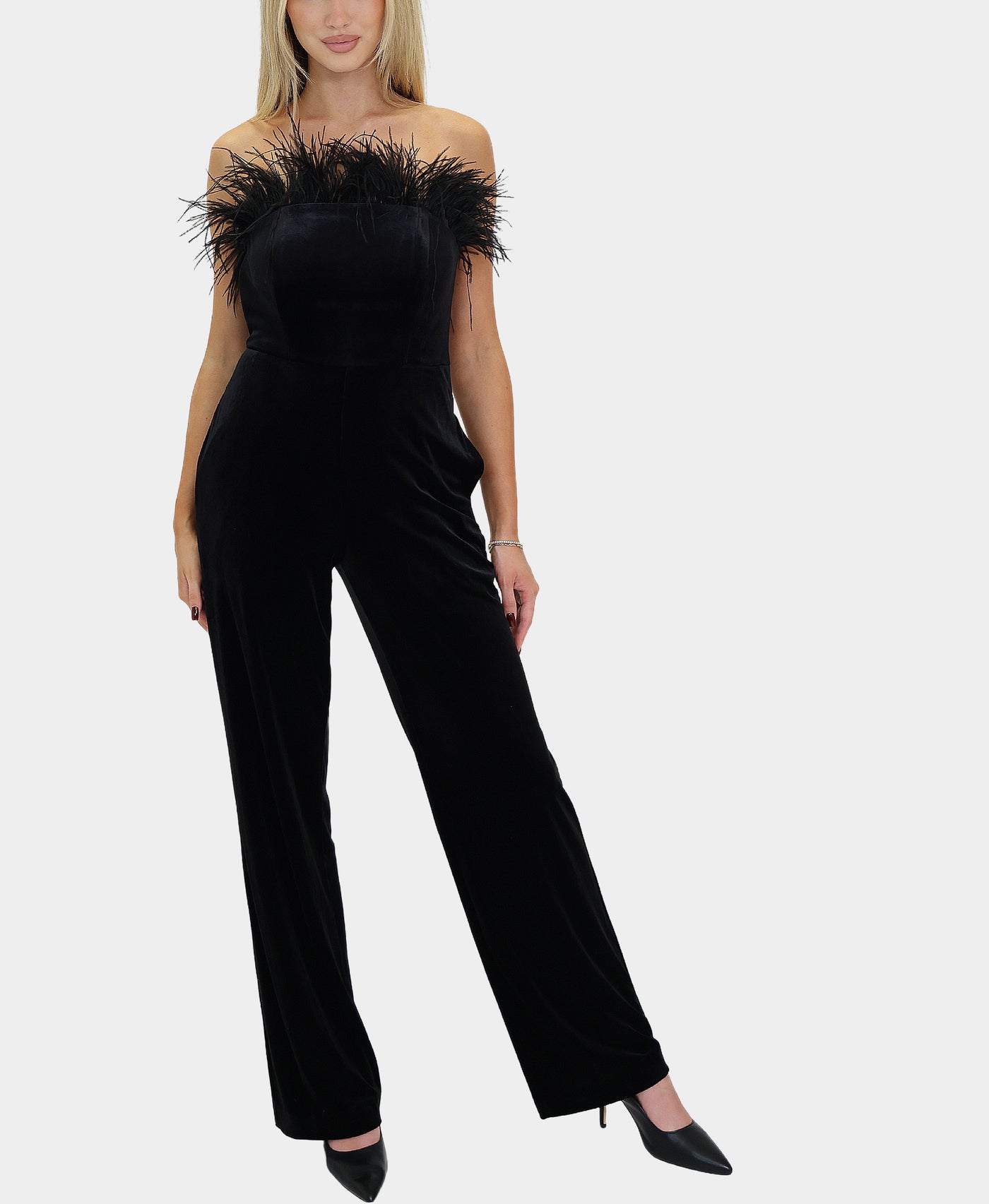 Velvet Strapless Jumpsuit w/ Feather Trim view 1