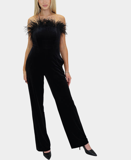 Velvet Strapless Jumpsuit w/ Feather Trim view 